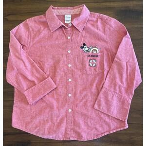 Disney Womens 3/4 Sleeve Button Down Shirt Sz XL “SS Mickey” Red Embroidered